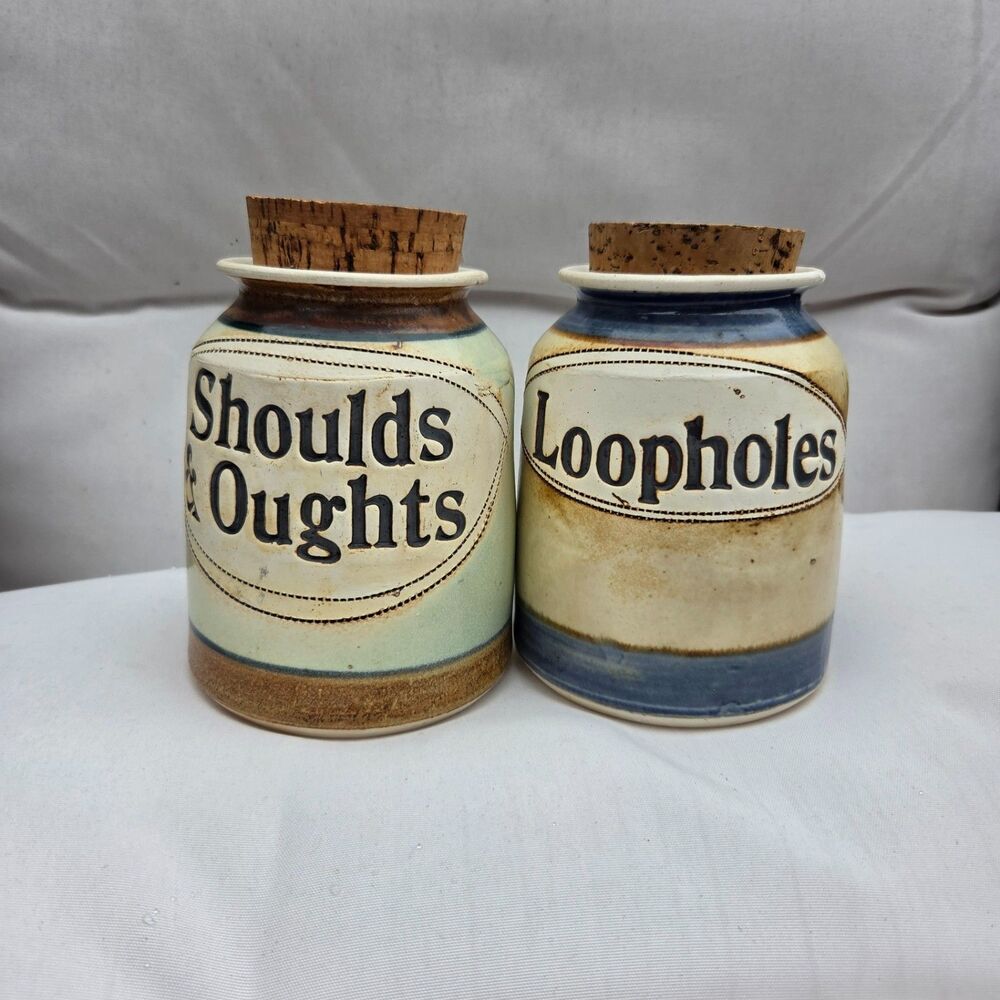 Vintage Dr. Brophy's Word Jars Pottery (Set of 2) Shoulds & Oughts and Loopholes